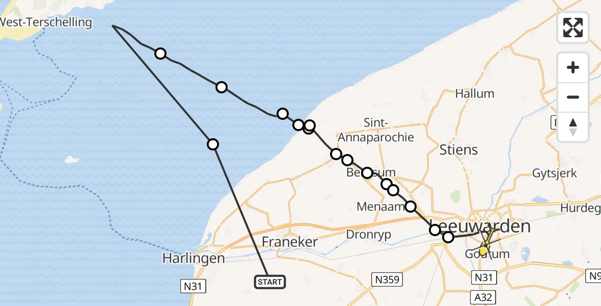 Routekaart van de vlucht: Ambulanceheli naar Leeuwarden, Borniastraat