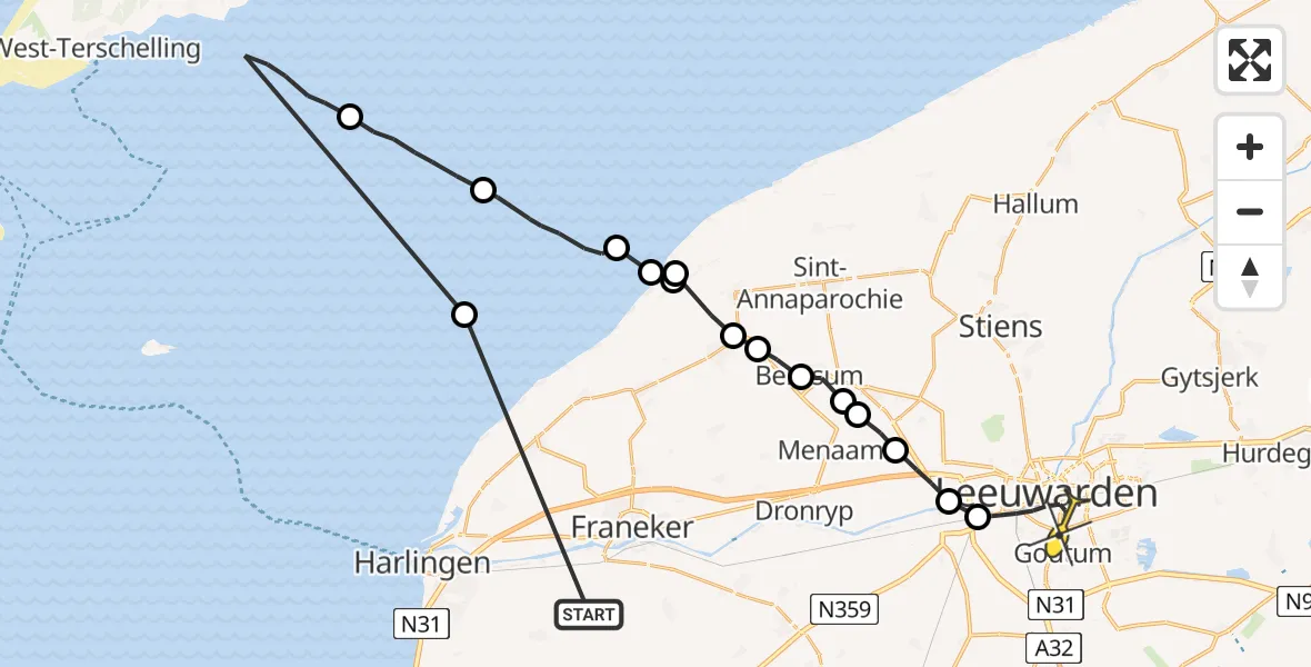 Routekaart van de vlucht: Ambulancehelikopter naar Leeuwarden, Borniastraat