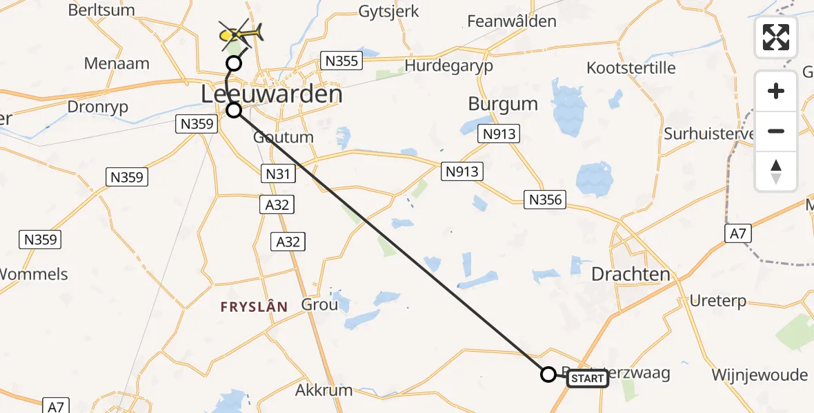 Routekaart van de vlucht: Ambulanceheli naar Vliegbasis Leeuwarden, Janssen-Stichting
