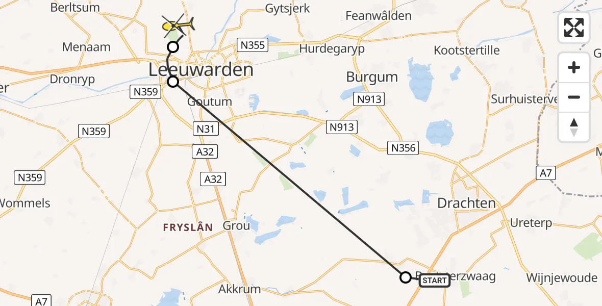 Routekaart van de vlucht: Ambulancehelikopter naar Vliegbasis Leeuwarden, Janssen-Stichting