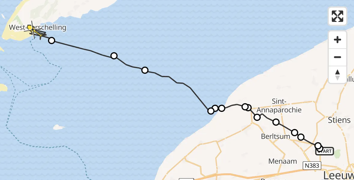 Routekaart van de vlucht: Ambulanceheli naar West-Terschelling, Dyksterhuzen