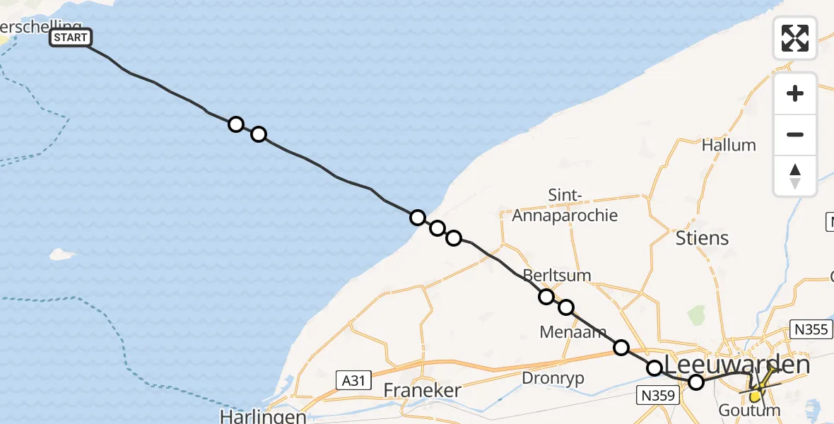 Routekaart van de vlucht: Ambulanceheli naar Leeuwarden, Tjallingaweg