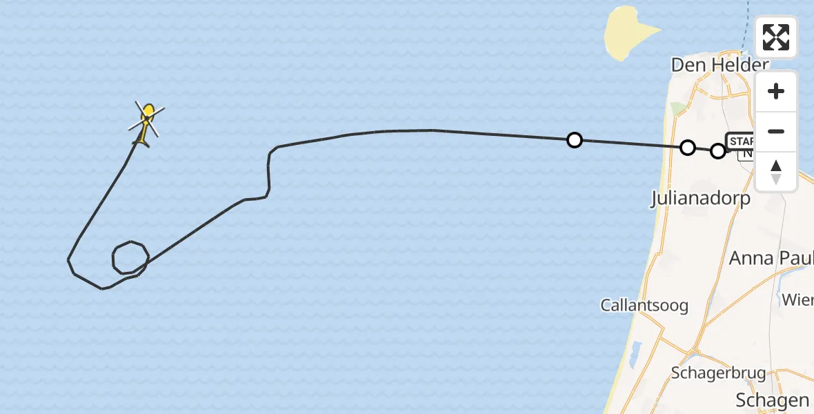 Routekaart van de vlucht: Kustwachthelikopter naar Middenvliet