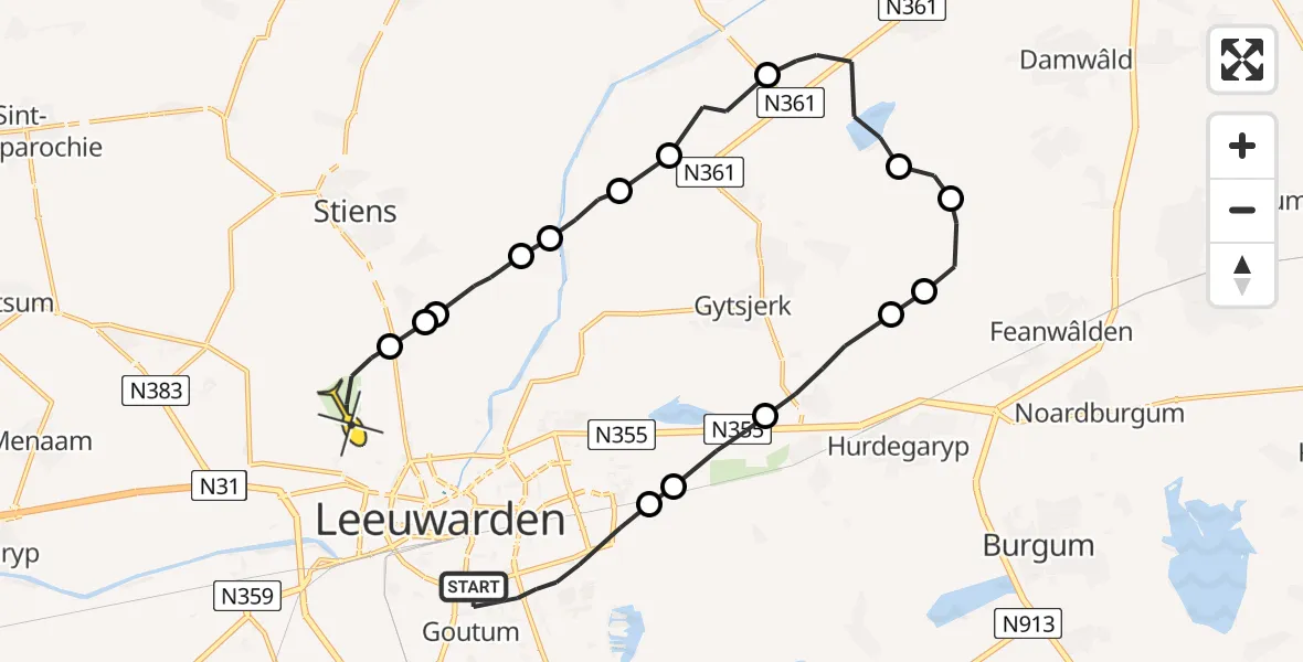 Vluchtroute Ambulancehelikopter van Leeuwarden naar Vliegbasis Leeuwarden