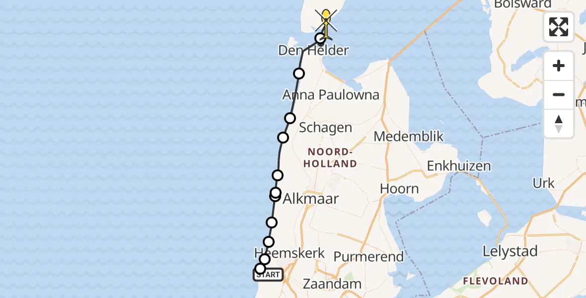 Routekaart van de vlucht: Politiehelikopter naar Den Hoorn, Zeeweg