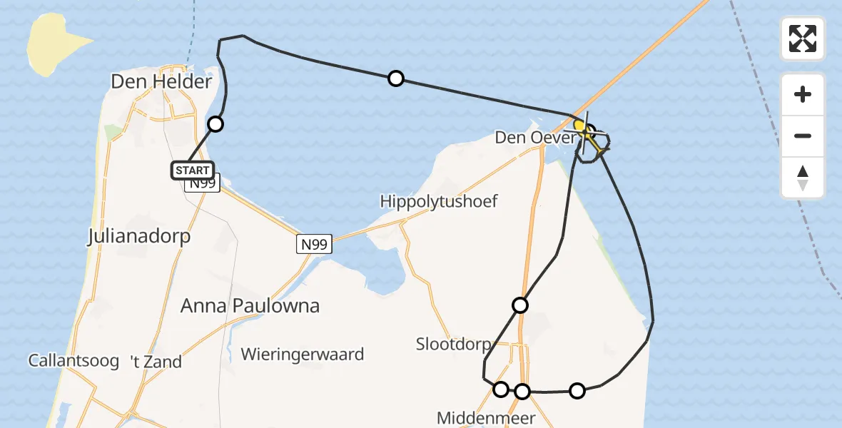 Routekaart van de vlucht: Kustwachthelikopter naar Wieringerwerf, Oostoeverweg