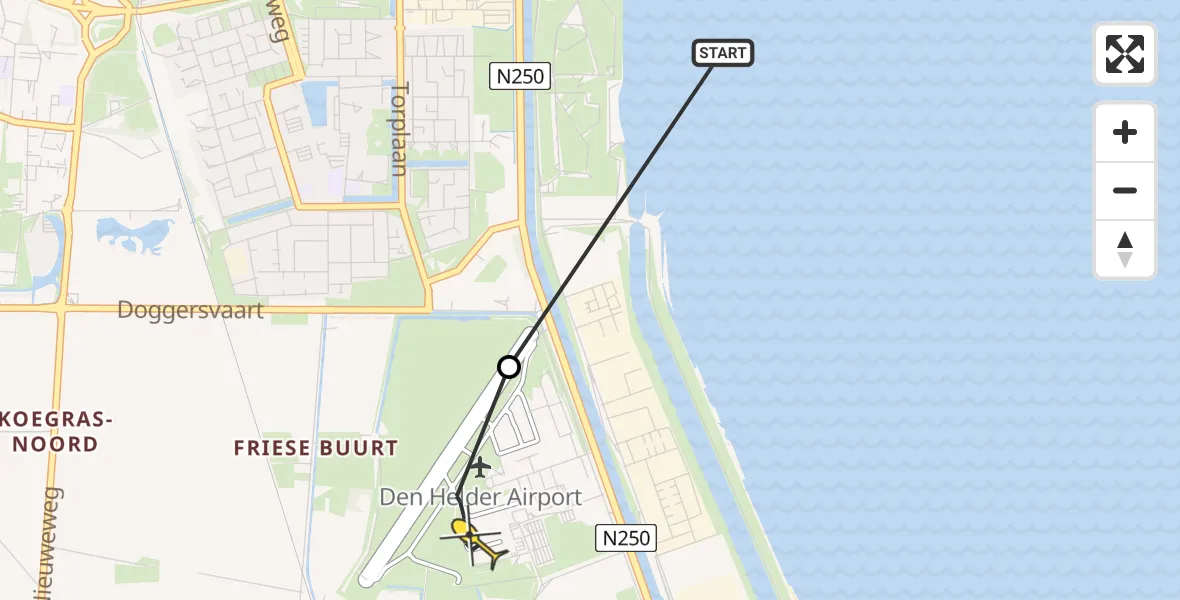 Routekaart van de vlucht: Kustwachthelikopter naar Vliegveld De Kooy, Doggersvaart