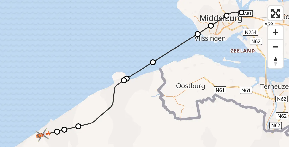 Vluchtroute Kustwachthelikopter Vliegveld Midden-Zeeland - , 15 september 2024, 12:24