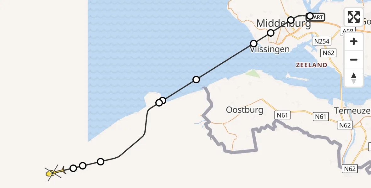 Routekaart van de vlucht: Kustwachthelikopter naar Oranjepolderseweg