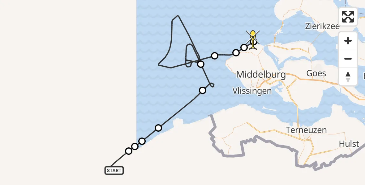 Routekaart van de vlucht: Kustwachthelikopter naar Vrouwenpolder, Roompot