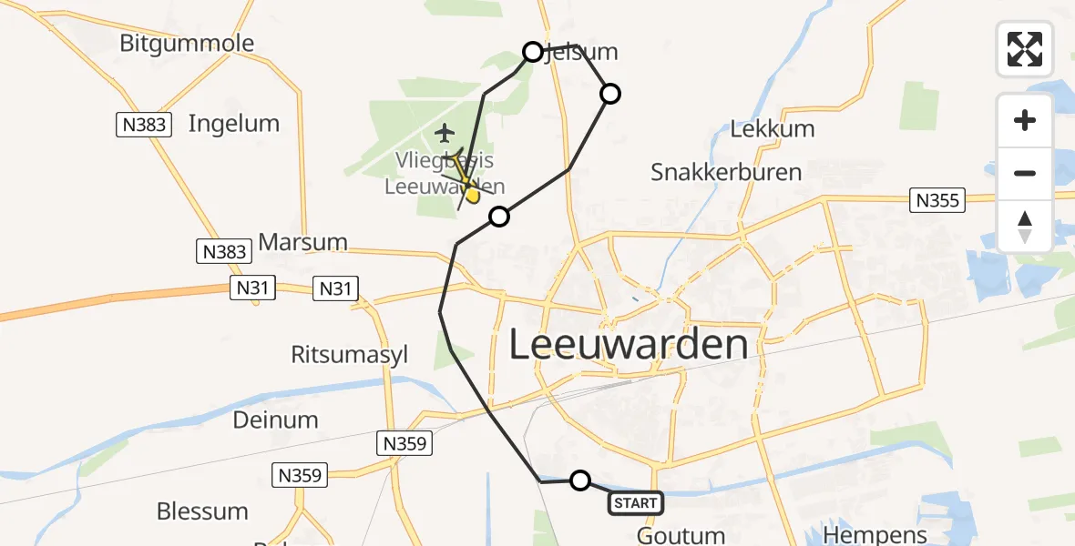 Routekaart van de vlucht: Ambulancehelikopter naar Vliegbasis Leeuwarden, Nijlânsdyk