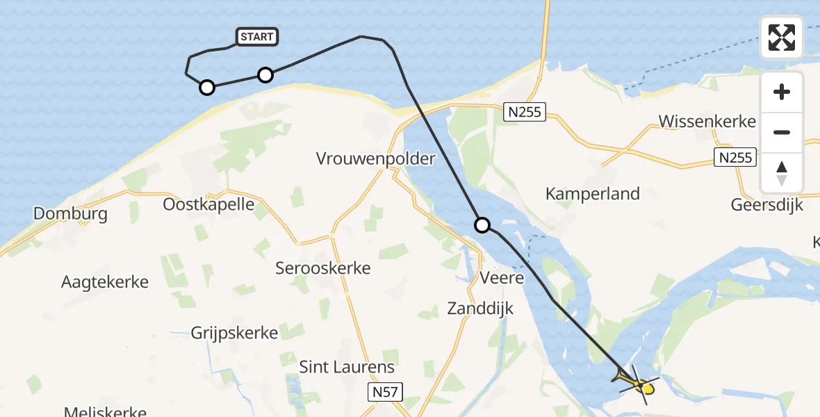 Routekaart van de vlucht: Kustwachthelikopter naar Vliegveld Midden-Zeeland, Roompot