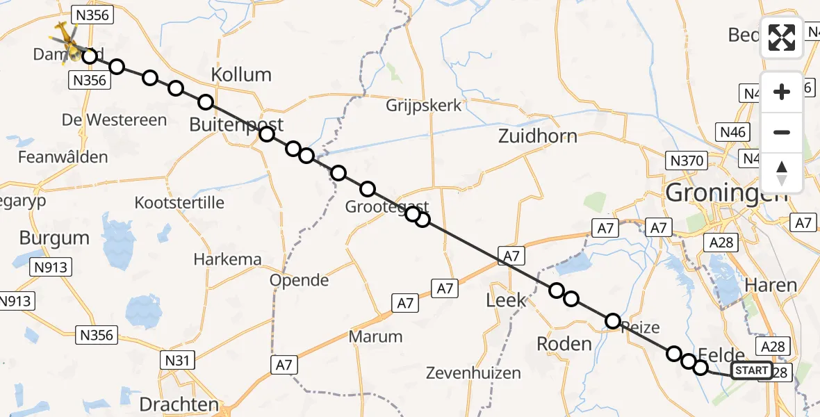 Vluchtroute Traumahelikopter Groningen Airport Eelde - Damwâld, 15 september 2024, 17:00