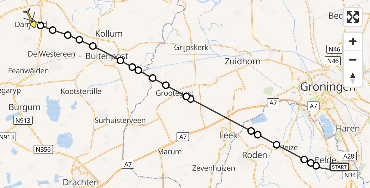 Routekaart van de vlucht: Lifeliner 4 naar Damwâld, Lugtenbergerweg