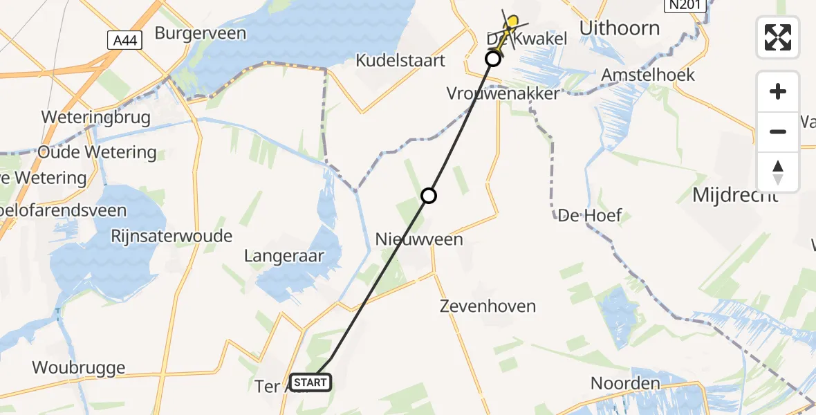Routekaart van de vlucht: Politiehelikopter naar De Kwakel, Ursulapad