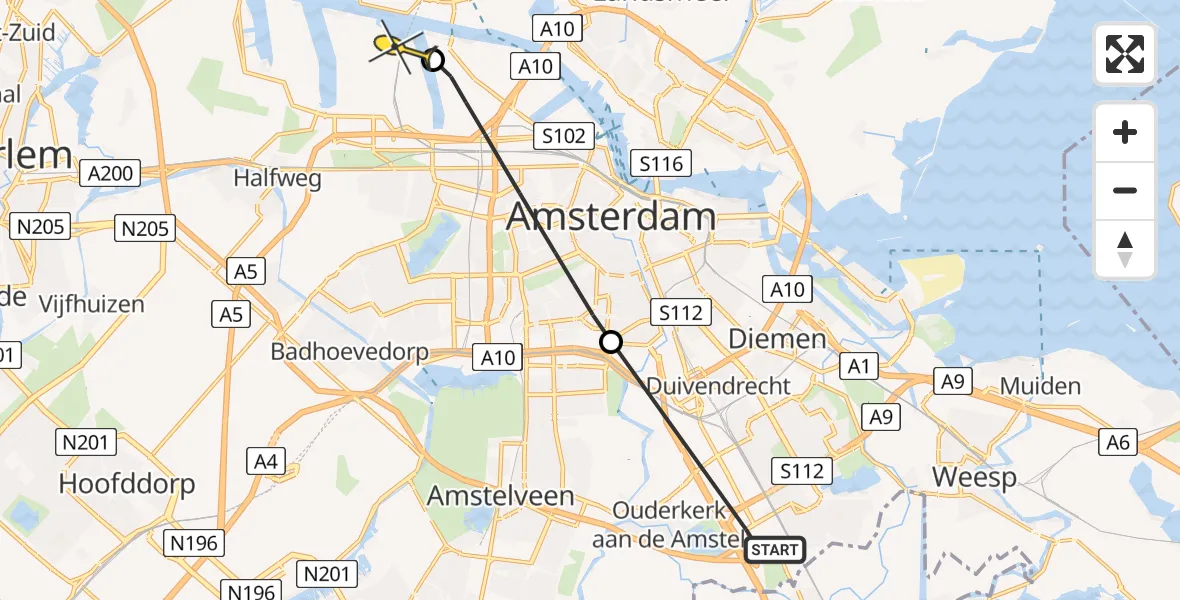 Routekaart van de vlucht: Lifeliner 1 naar Amsterdam Heliport, President Kennedylaan