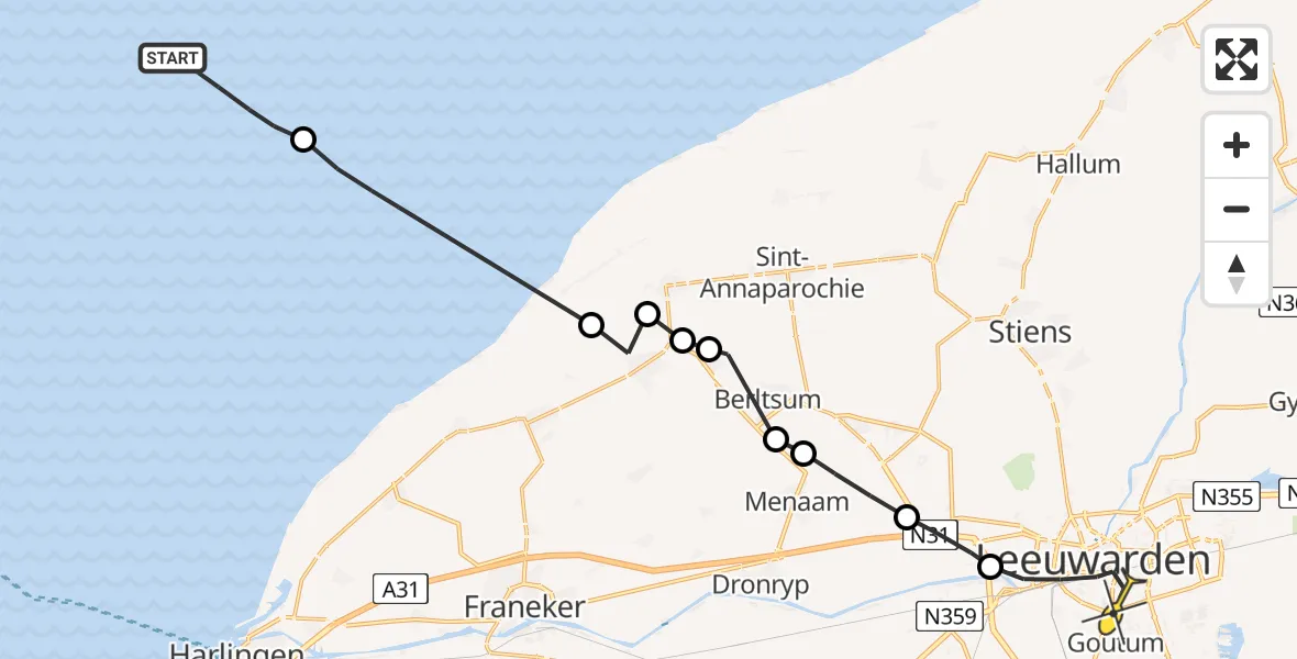 Routekaart van de vlucht: Ambulanceheli naar Leeuwarden, Aldlânsdyk
