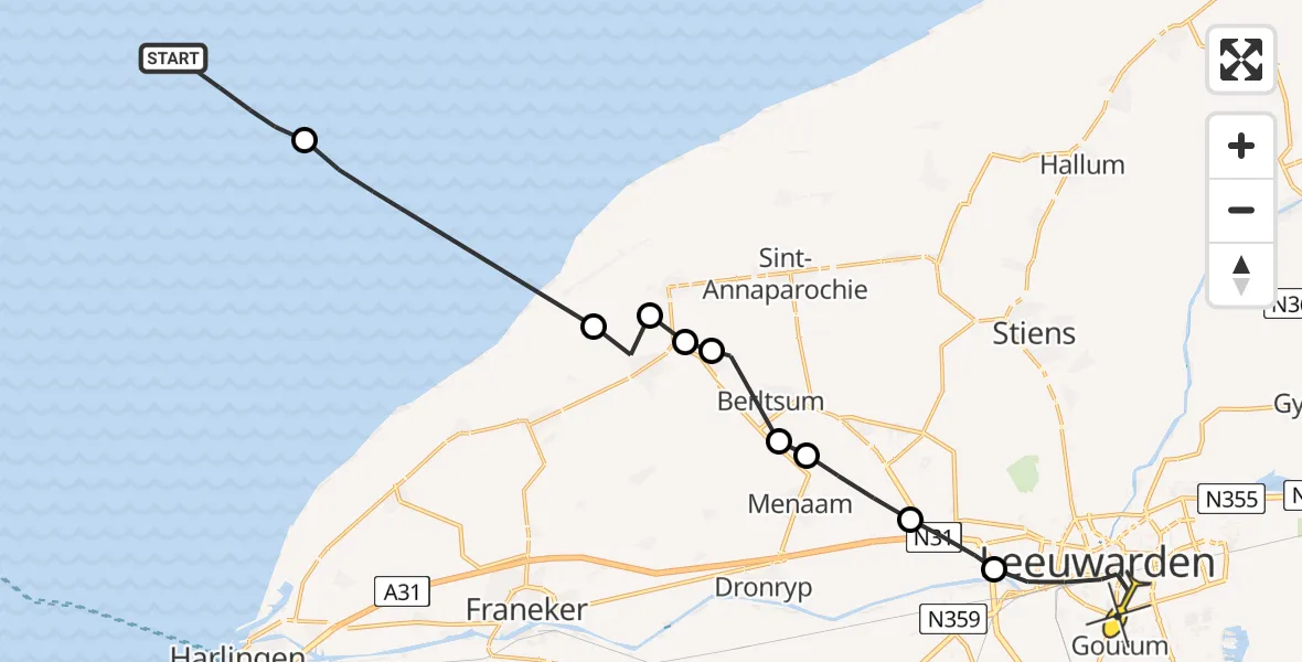 Routekaart van de vlucht: Ambulancehelikopter naar Leeuwarden, Aldlânsdyk