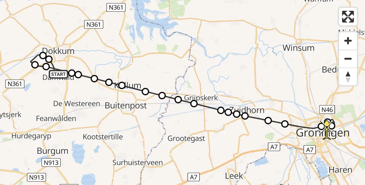 Routekaart van de vlucht: Lifeliner 4 naar Universitair Medisch Centrum Groningen, Burdaarderstrjitwei