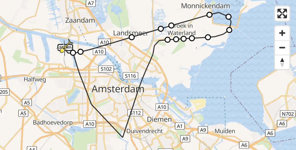 Routekaart van de vlucht: Lifeliner 1 naar Amsterdam Heliport, Kompasweg