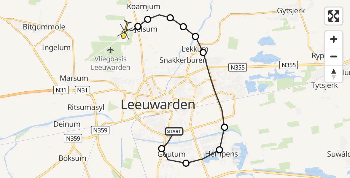 Routekaart van de vlucht: Ambulancehelikopter naar Vliegbasis Leeuwarden, Boksumerdyk