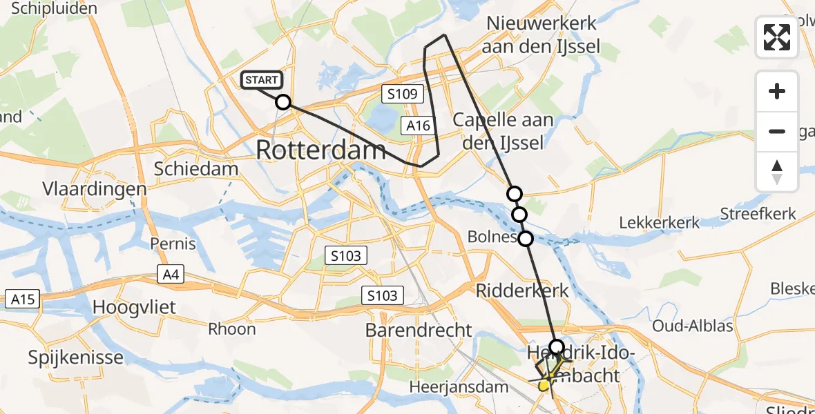 Routekaart van de vlucht: Lifeliner 2 naar Hendrik-Ido-Ambacht, Overschiese Kleiweg