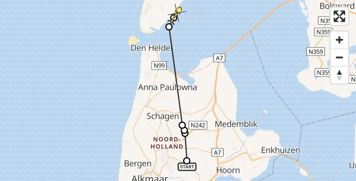 Routekaart van de vlucht: Politiehelikopter naar Oudeschild, Gladiolenstraat