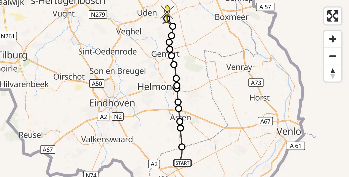 Routekaart van de vlucht: Lifeliner 3 naar Vliegbasis Volkel, Peelsteeg