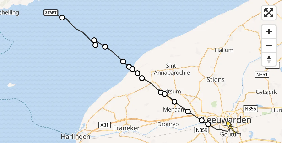 Routekaart van de vlucht: Ambulanceheli naar Leeuwarden, Borniastraat