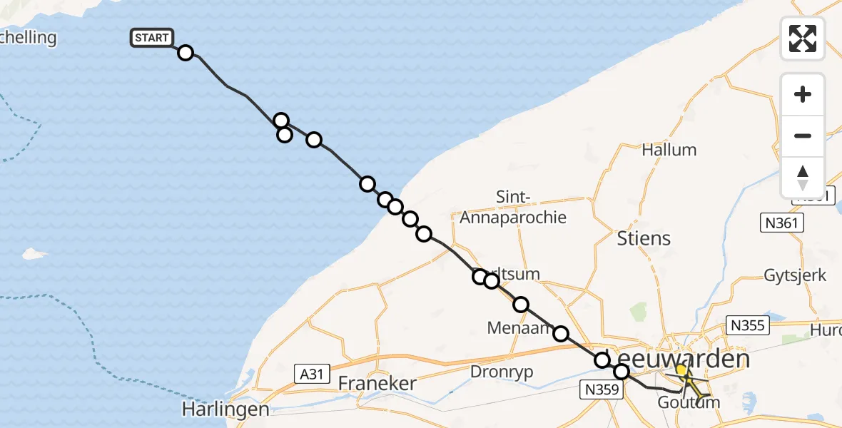 Routekaart van de vlucht: Ambulancehelikopter naar Leeuwarden, Borniastraat