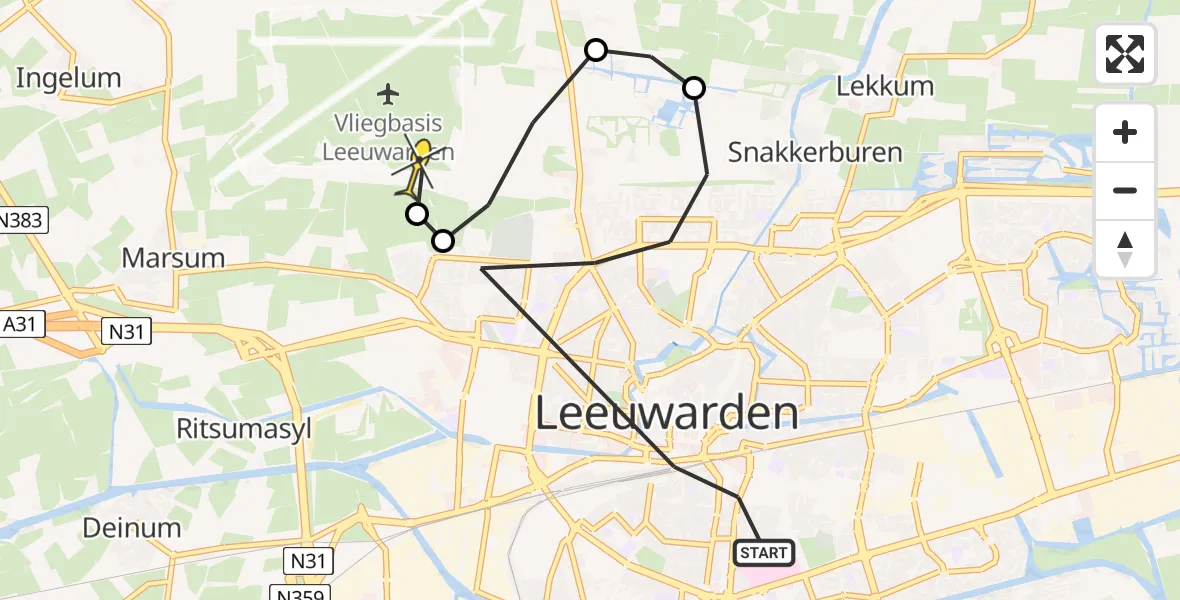 Vluchtroute Ambulancehelikopter van Leeuwarden naar Vliegbasis Leeuwarden