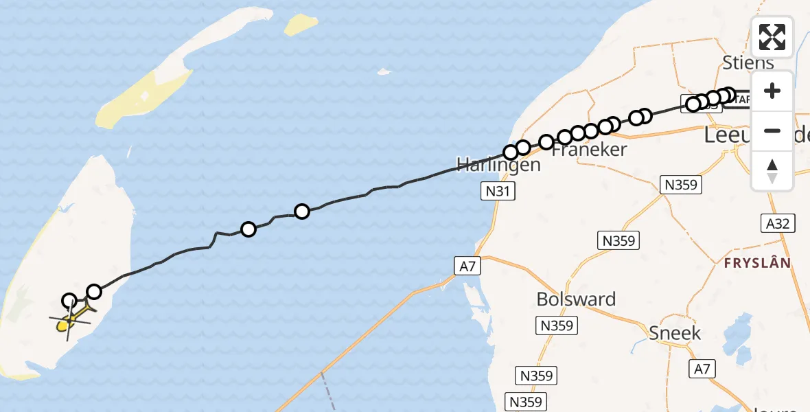 Routekaart van de vlucht: Ambulanceheli naar Den Burg, Nijlânsdyk
