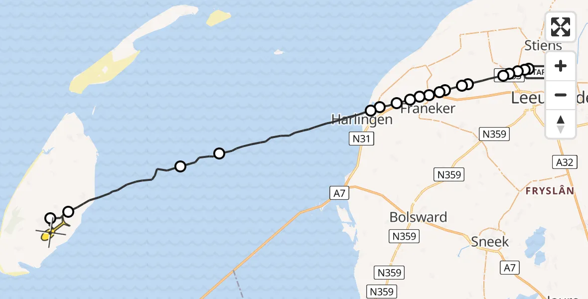 Routekaart van de vlucht: Ambulancehelikopter naar Den Burg, Nijlânsdyk