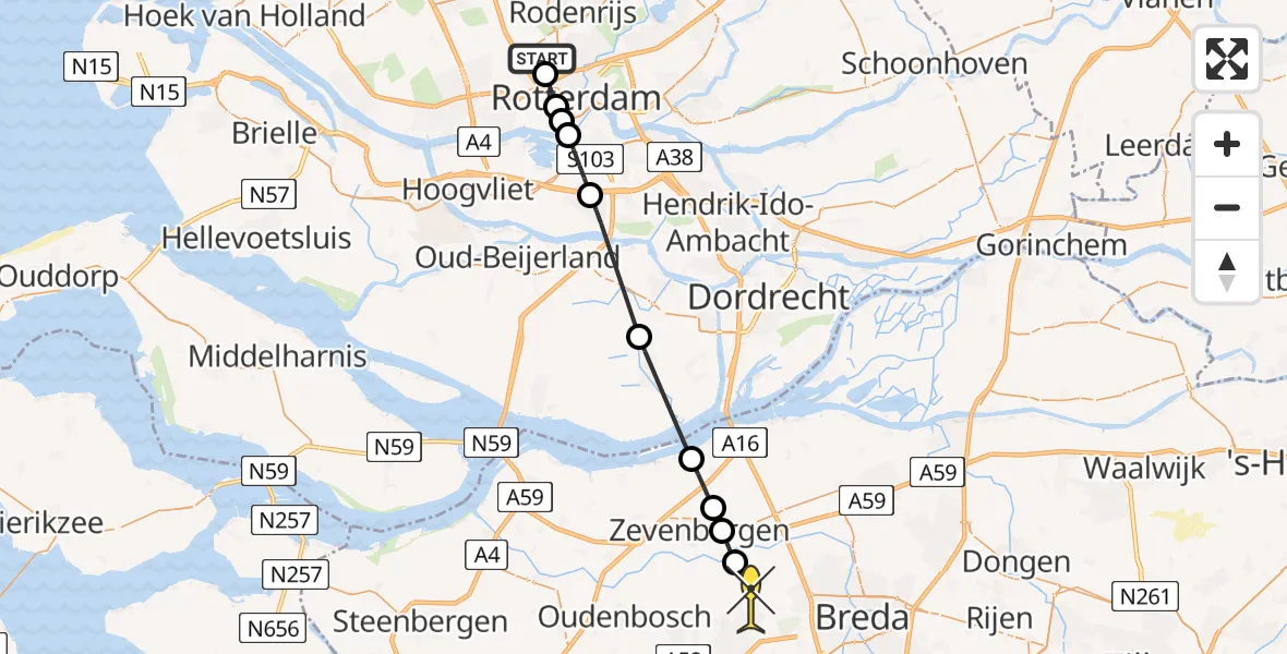 Routekaart van de vlucht: Lifeliner 2 naar Etten-Leur, Van der Duijn van Maasdamweg