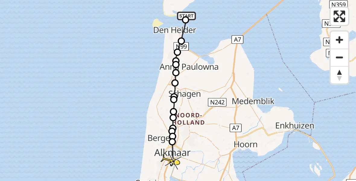 Routekaart van de vlucht: Ambulancehelikopter naar Alkmaar, Parelweg