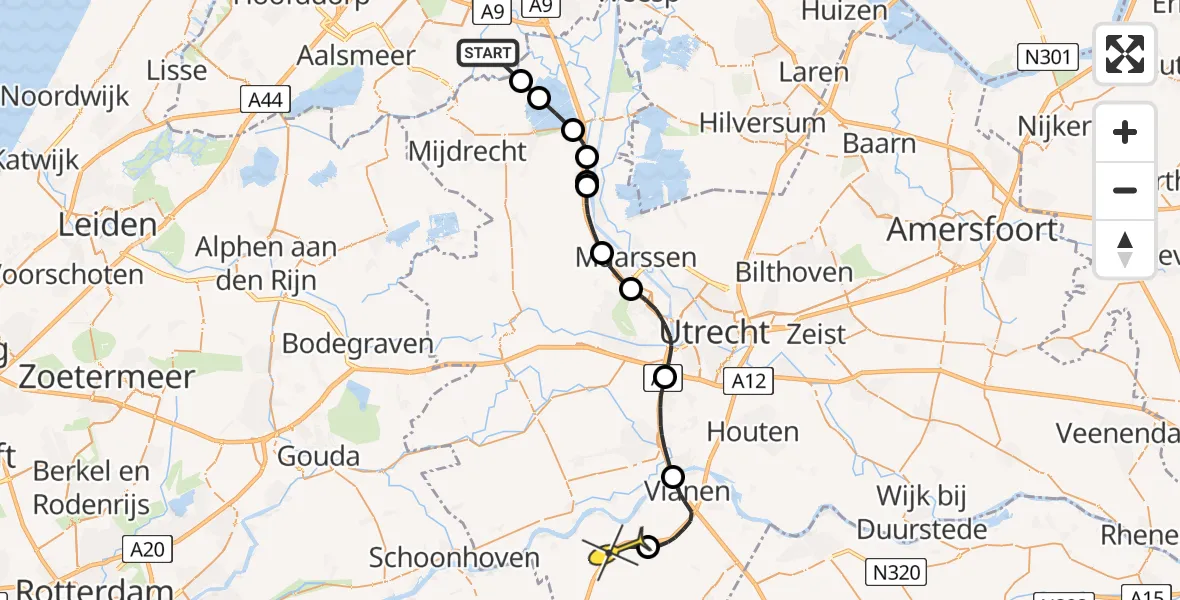 Routekaart van de vlucht: Politieheli naar Lexmond, Waver