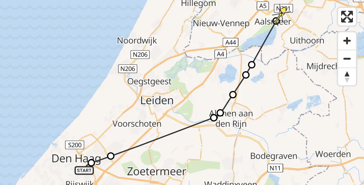 Routekaart van de vlucht: Politieheli naar Aalsmeer, van Lodensteijnstraat