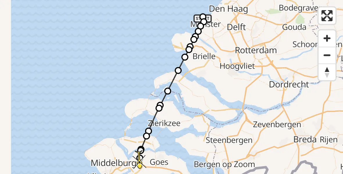 Routekaart van de vlucht: Kustwachthelikopter naar 's-Heer Arendskerke, Meerkoetweg