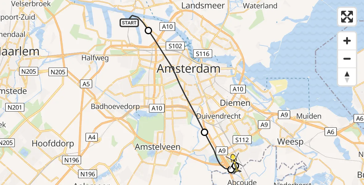 Routekaart van de vlucht: Lifeliner 1 naar Academisch Medisch Centrum (AMC), Hemweg