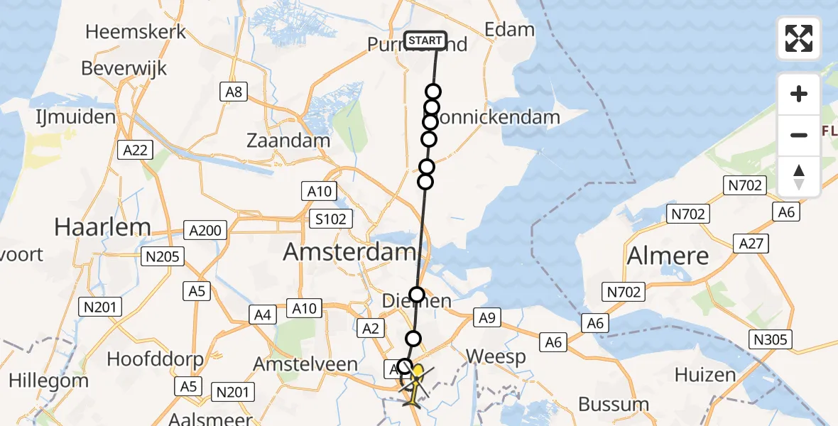 Routekaart van de vlucht: Lifeliner 1 naar Academisch Medisch Centrum (AMC), Vigilantestraat