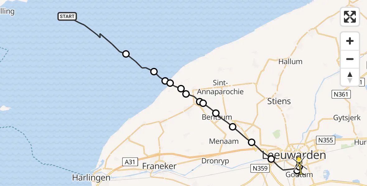 Routekaart van de vlucht: Ambulanceheli naar Leeuwarden, Borniastraat