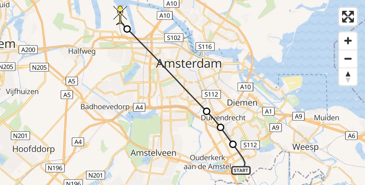 Routekaart van de vlucht: Lifeliner 1 naar Amsterdam Heliport, Hullenbergweg