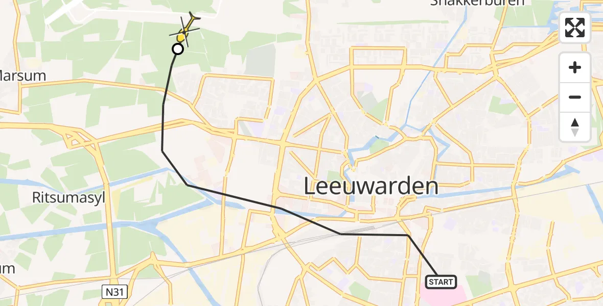 Vluchtroute Ambulancehelikopter van Leeuwarden naar Vliegbasis Leeuwarden