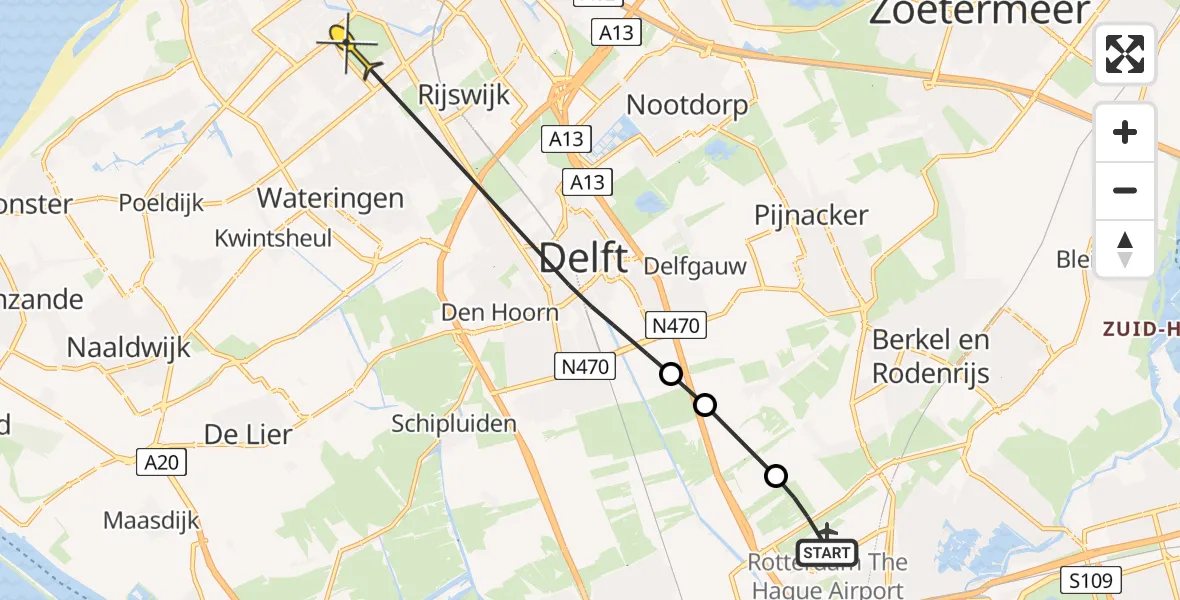 Routekaart van de vlucht: Politieheli naar Den Haag, Schieveense polder