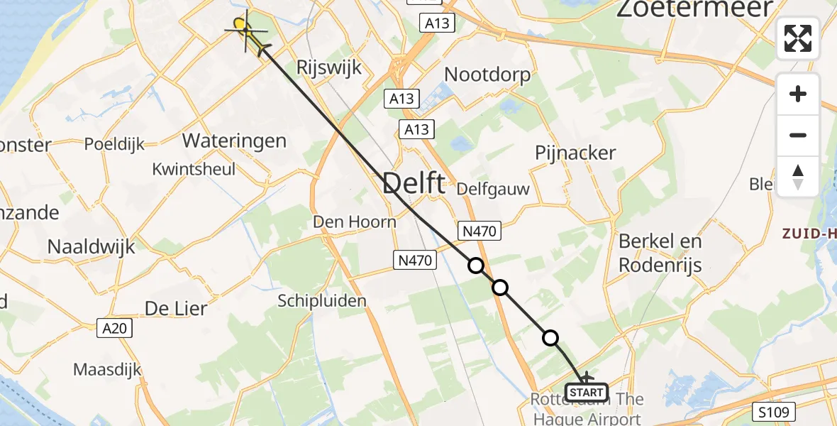 Routekaart van de vlucht: Politiehelikopter naar Den Haag, Schieveense polder