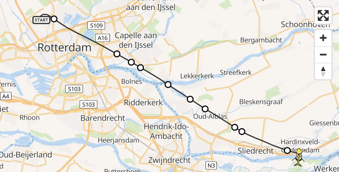 Routekaart van de vlucht: Lifeliner 2 naar Dordrecht, Bovendijk