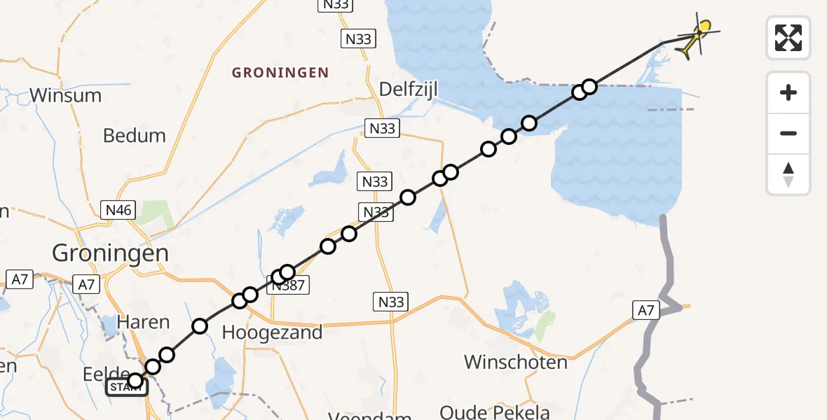 Routekaart van de vlucht: Lifeliner 4 naar Emden, Burgemeester J.G. Legroweg