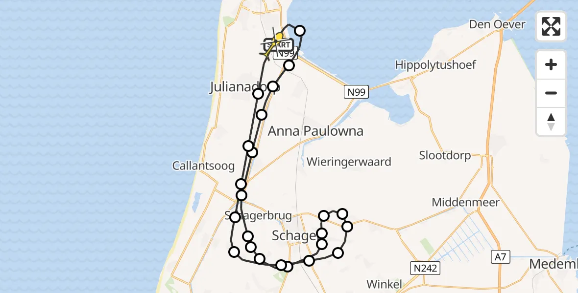 Routekaart van de vlucht: Kustwachthelikopter naar Vliegveld De Kooy, Oostoeverweg