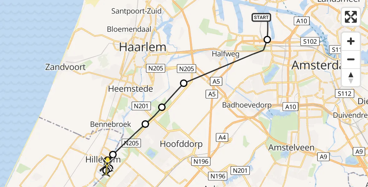 Routekaart van de vlucht: Lifeliner 1 naar Hillegom, Hillinenweg