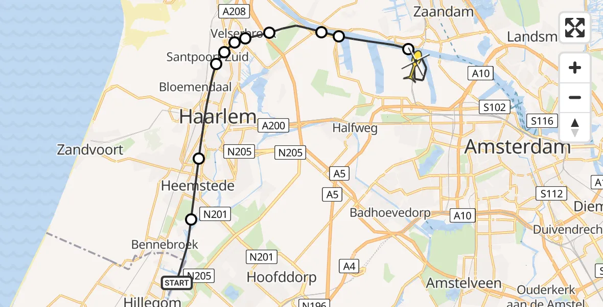 Routekaart van de vlucht: Lifeliner 1 naar Amsterdam Heliport, Hornweg